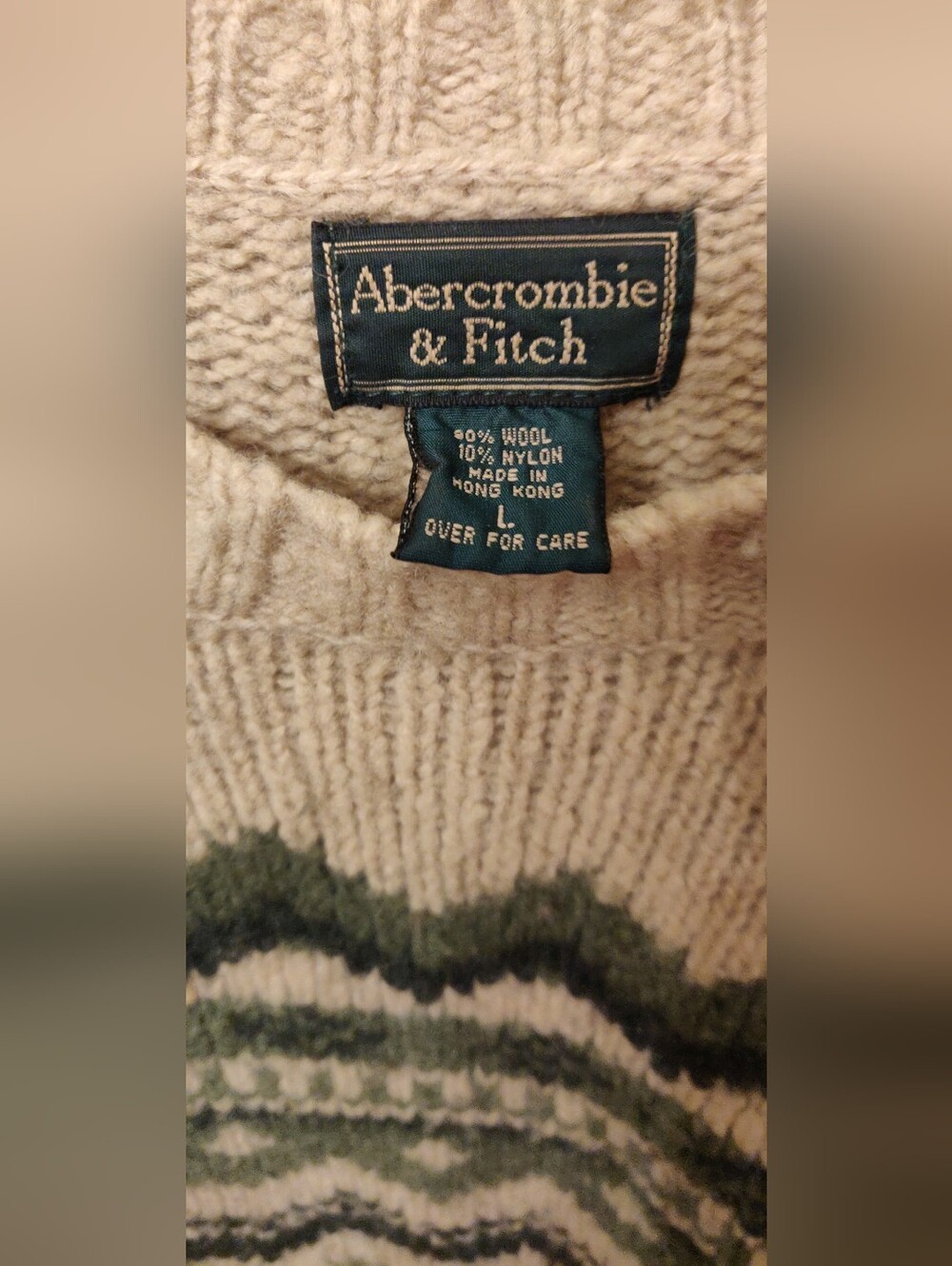 Abercrombie & Fitch Women Loden, Fir, Cream Wool Faraisle Sweater Retro